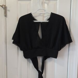 SHEIN Black Tie-Back Pom-Pom Trim Crop Top